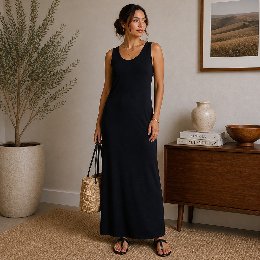 Eileen Fisher Maxi‎ Dress Womens PS Black Viscose Stretch Sleeveless Minimalist